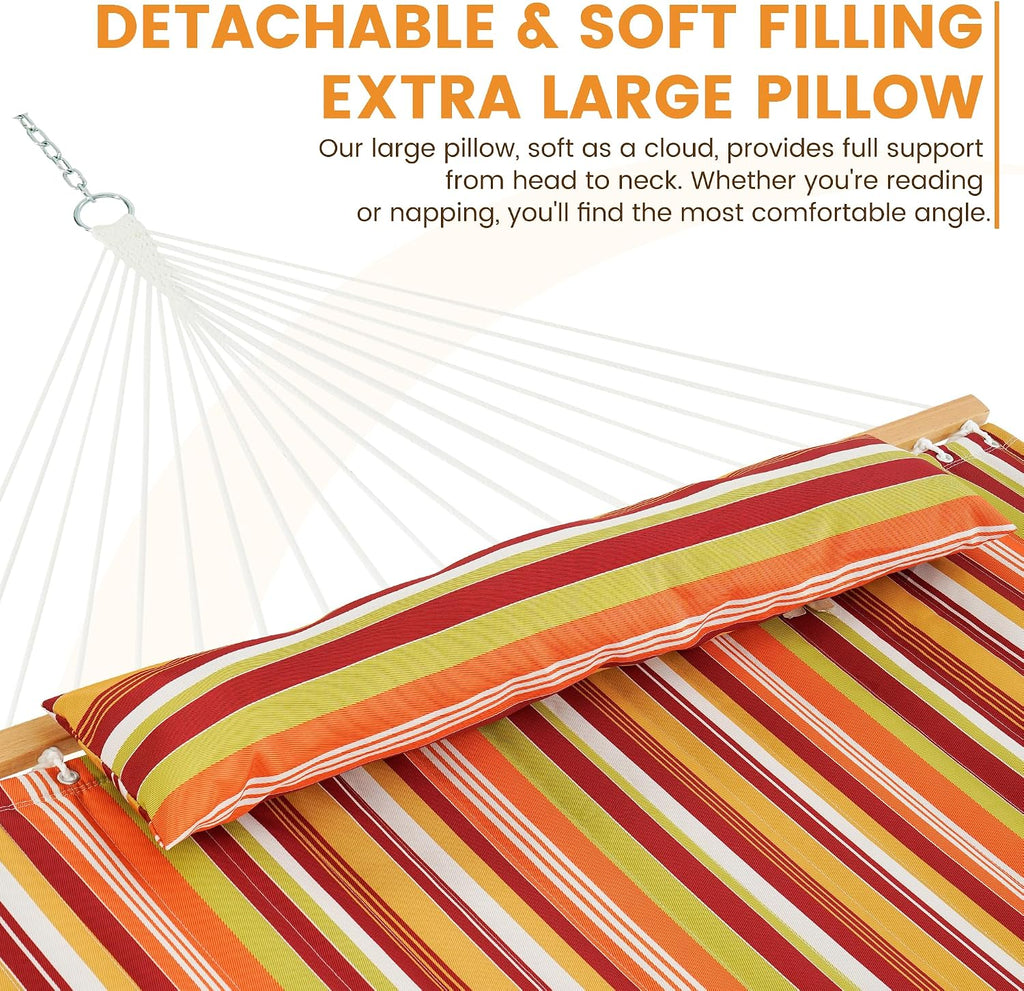 Lazy Daze Double Quilted Hammock with Pillow and Carabiners, Vivid Stripe