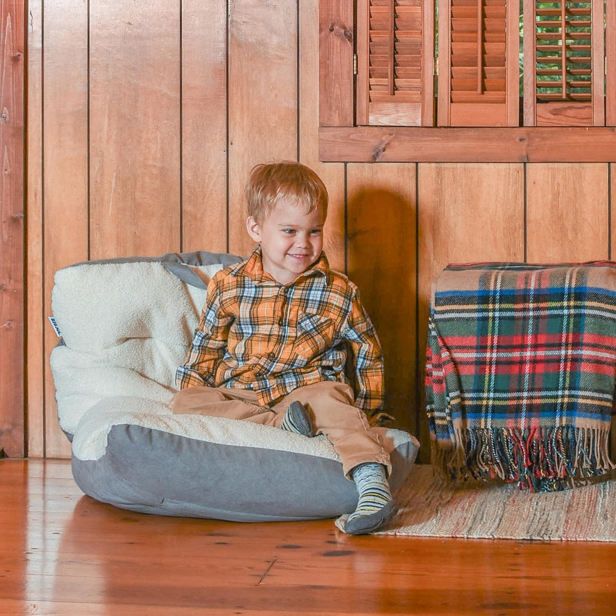 Big Joe Roma Kid's Bean Bag Chair, Oat Sherpa and Graphite, Vegan Suede, 2 Foot Lightweight Refillable Children's Seat