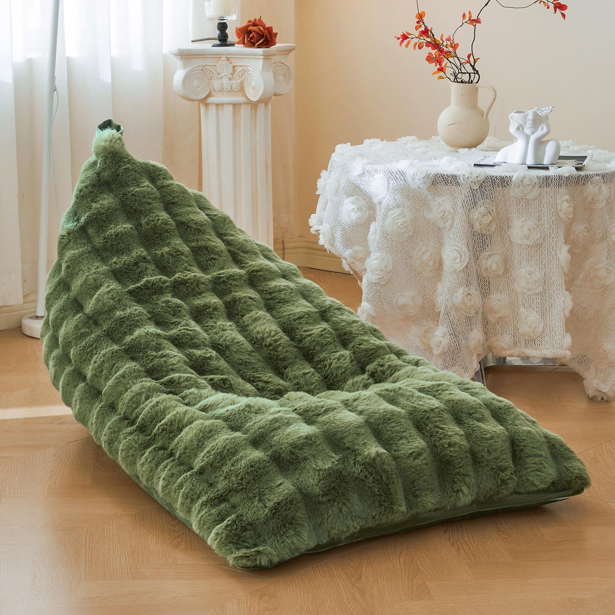 LIFEREVO Faux Rabbit Fur Stuffed Animal Bean Bag Storage (No Filler), Soft Waffle Bubble Beanbag Chair Cover for Kids Girls, Furry Floor Lounger Plush Toys Organizer for Living Room Bedroom, Beige