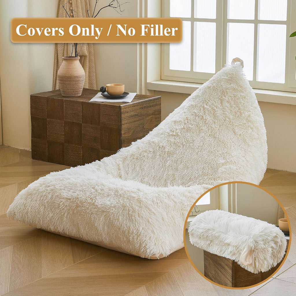 XeGe Fluffy Kids Stuffed Animal Storage Bean Bag Cover (No Filler), Plush Fuzzy Faux Fur Beanbag Organizer with Handle for Teens Girls Adults, Shaggy Furry Plush Toys Holder Floor Lounger Chair, Beige