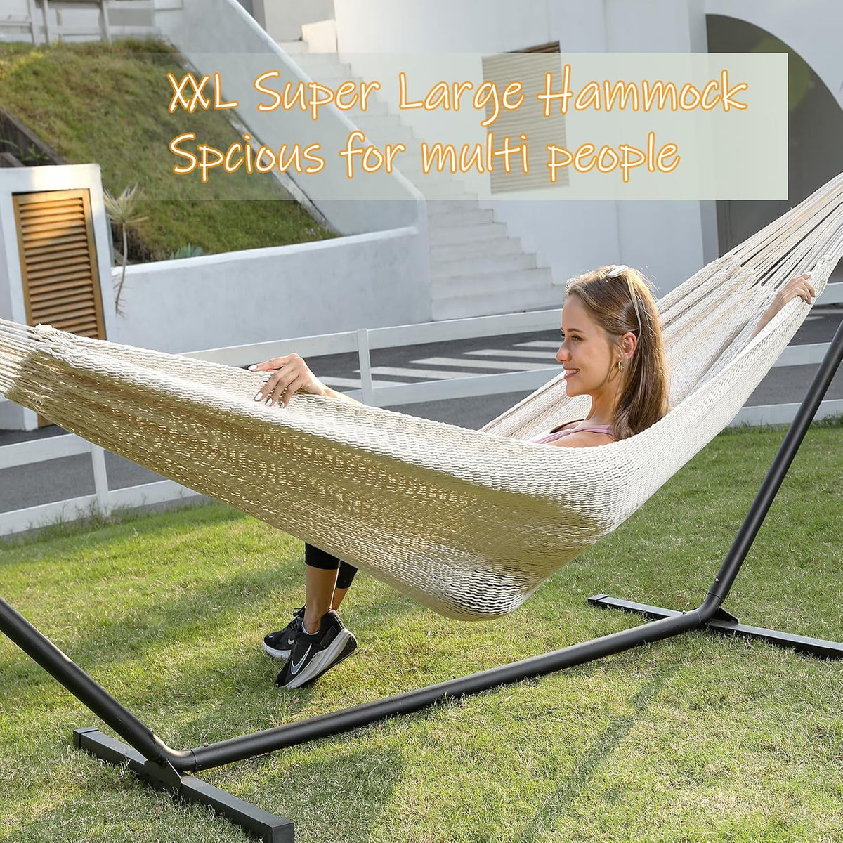 ZEAN Handwoven Hammock by Thick Cotton Rope XXL Two Person Hammock for Outside, Patio Backyard Garden 550LB Capacity