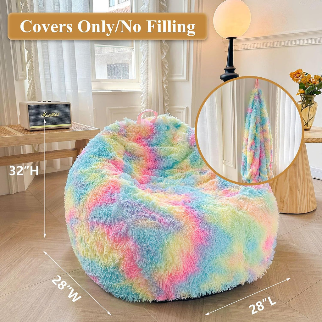 XeGe Kids Fluffy Faux Fur Bean Bag Chair Cover(No Filler), Rainbow