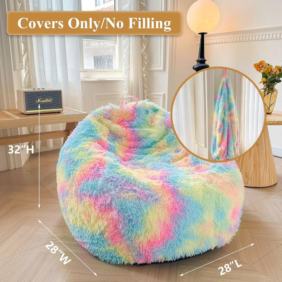 XeGe Kids Fluffy Faux Fur Bean Bag Chair Cover(No Filler), Rainbow