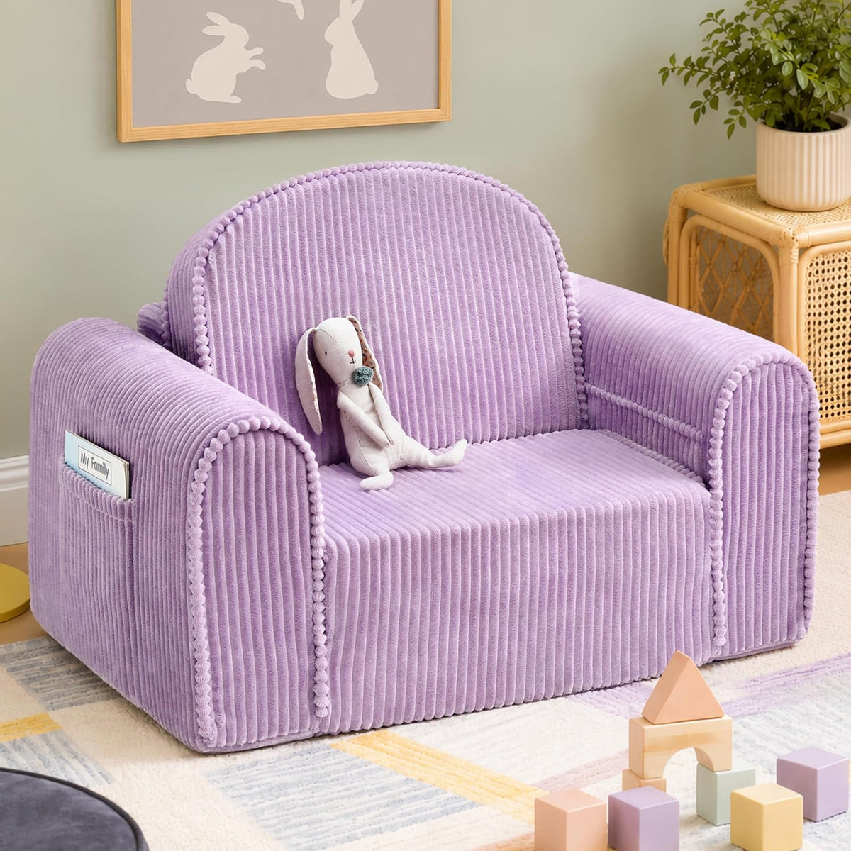 Tiny Land 2-in-1 Foldable Kids Couch, Thick Foam Corduroy Sofa with Pocket