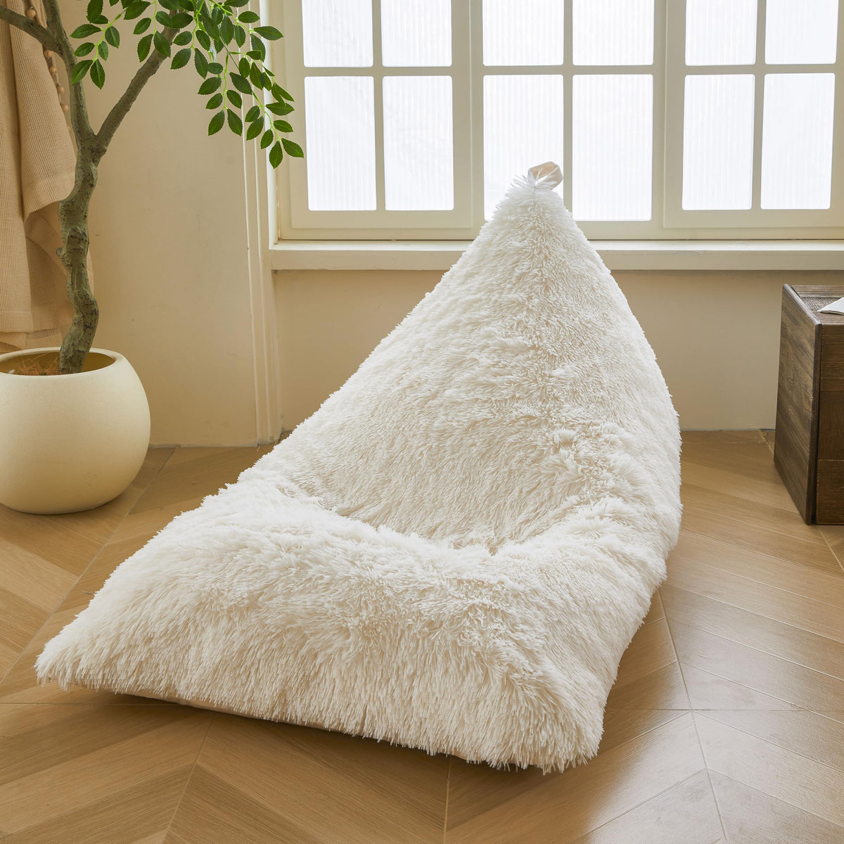XeGe Fluffy Kids Stuffed Animal Storage Bean Bag Cover (No Filler), Plush Fuzzy Faux Fur Beanbag Organizer with Handle for Teens Girls Adults, Shaggy Furry Plush Toys Holder Floor Lounger Chair, Beige
