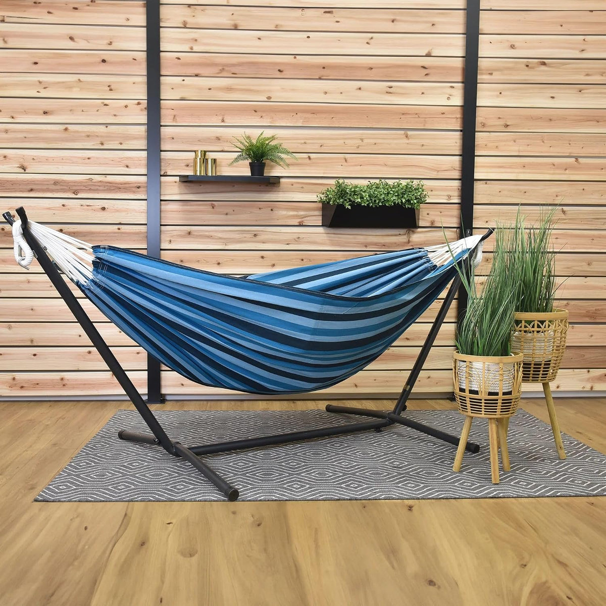 Vivere Double Cotton Hammock, Space Saving Steel Stand, Blue Lagoon, 9 Ft