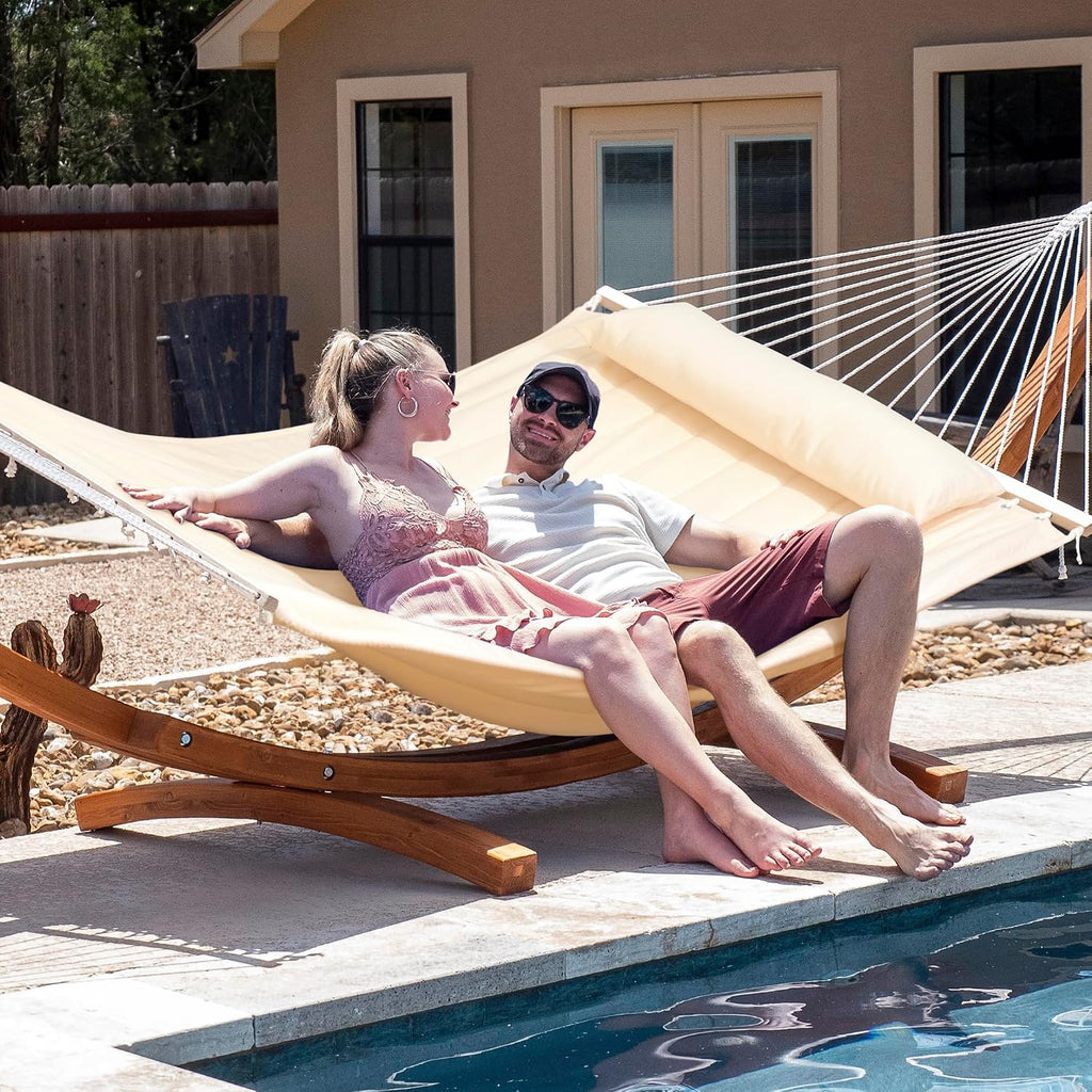 SUNCREAT Hammocks Double Hammock with 13.5 ft Wooden Stand, Hammock Cover, Outdoor Hammocks for Outside, 475 lbs Capacity, Beige