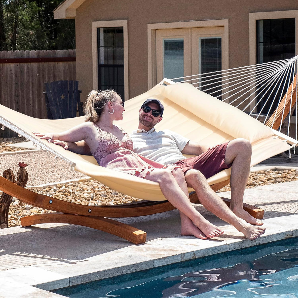 SUNCREAT Hammocks Double Hammock with 13.5 ft Wooden Stand, Hammock Cover, Outdoor Hammocks for Outside, 475 lbs Capacity, Beige