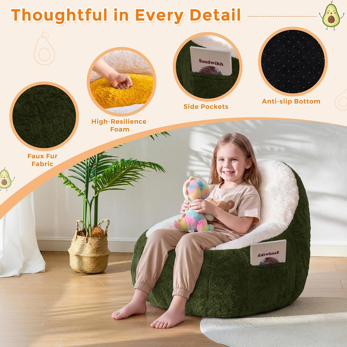 MAXYOYO Bean Bag Chair for Kids, Avocado-Shaped Faux Fur Chair