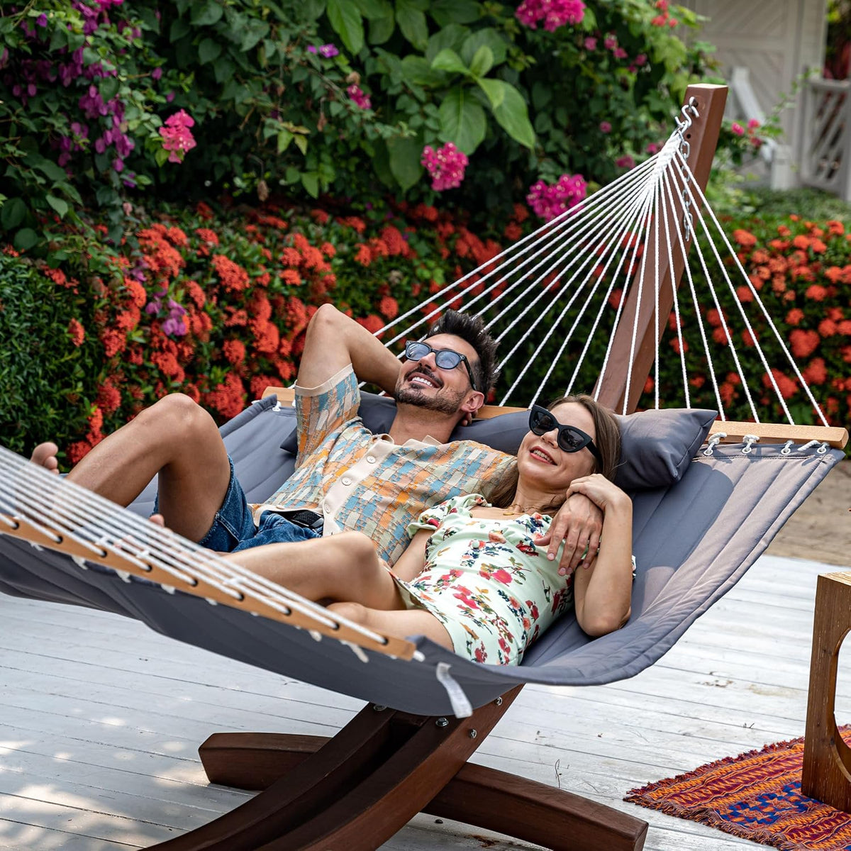 Lazy Daze Double Hammock with Pillow & Tree Straps for Outside, Grey