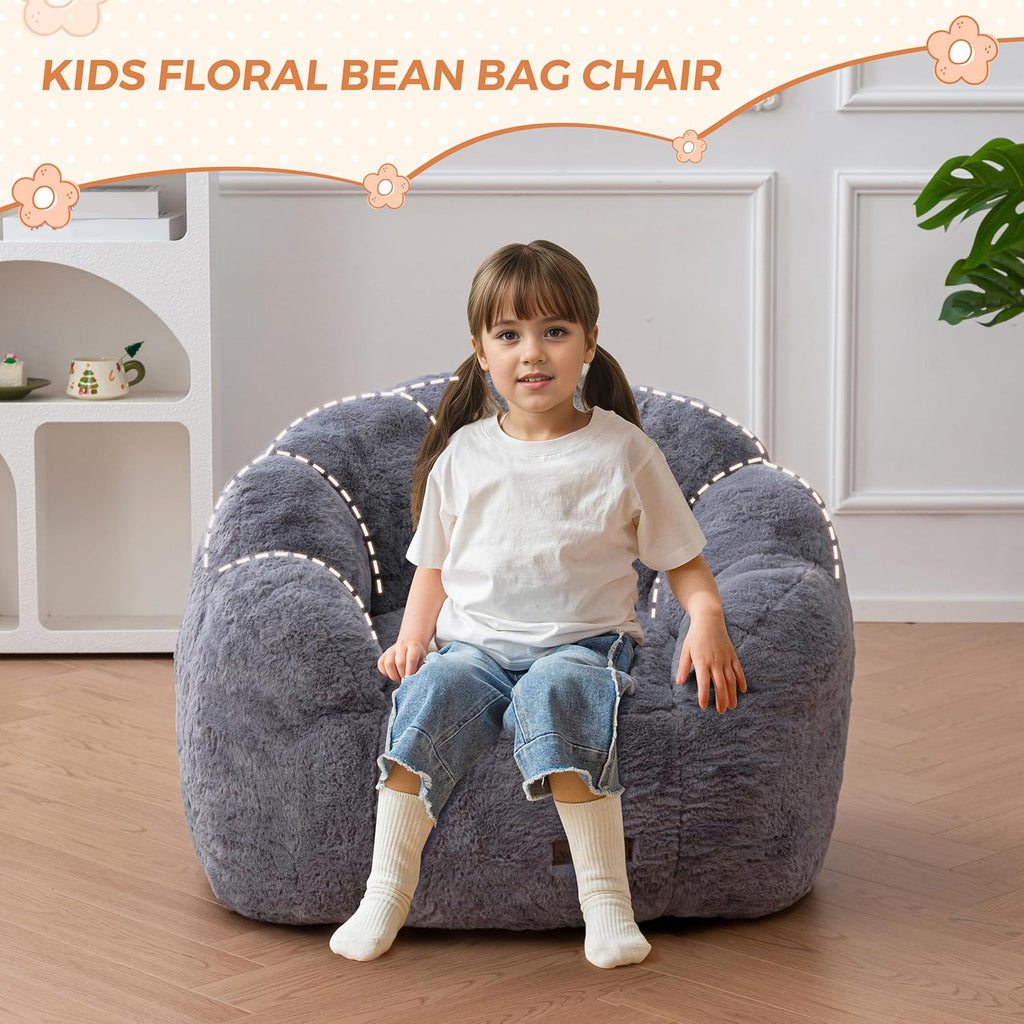MAXYOYO Kids Bean Bag Chair, Floral Shaped Bean Bag Sofa, Grey
