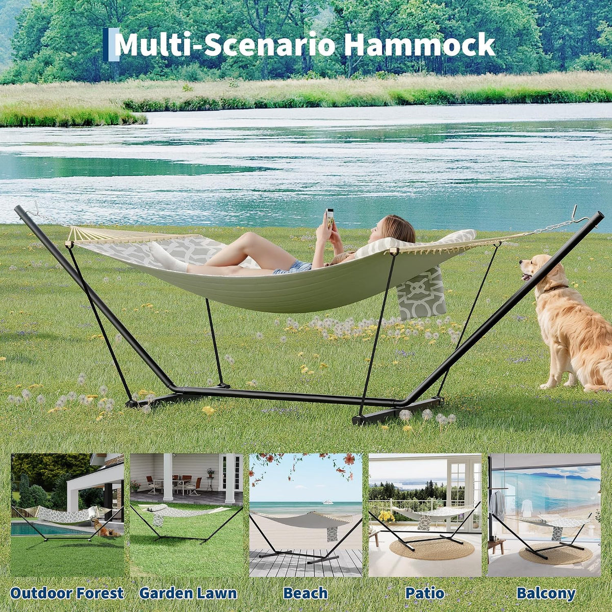 Heavy Duty Double Hammock with Stand, 450 LBS Capacity, Portable Frame