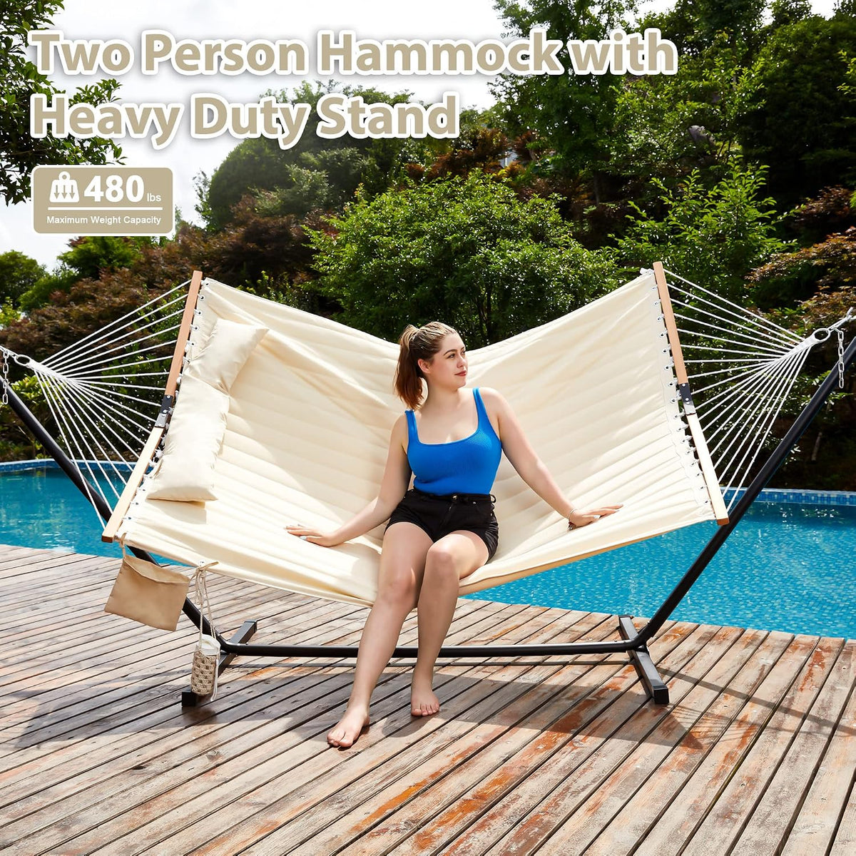 Homgava Two Person Hammock with Stand for Outside, Off White