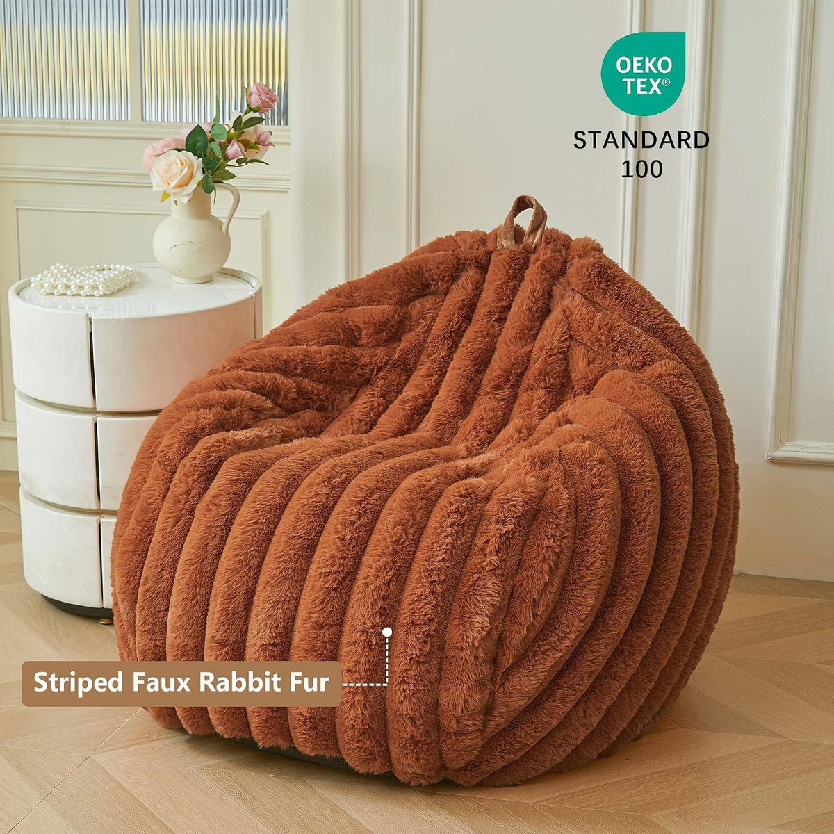 MEGO Kids Fluffy Faux Rabbit Fur Bean Bag Cover, No Filler, Burnt Orange