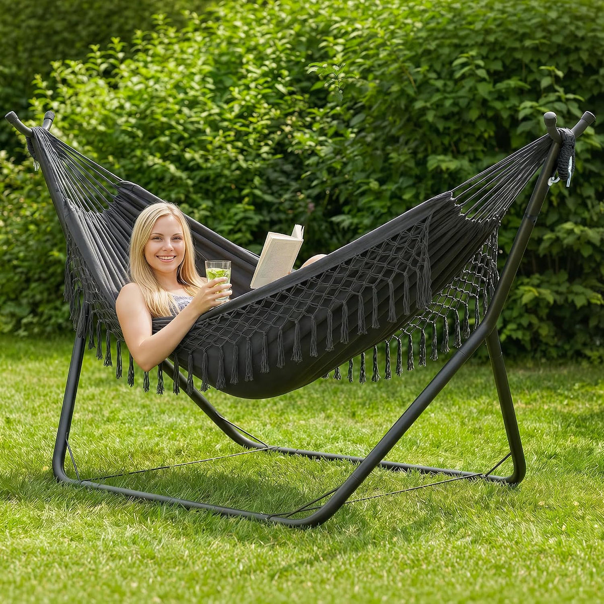ANOW Double Space Saving Hammock with Stand, Dark Gray with Tassels