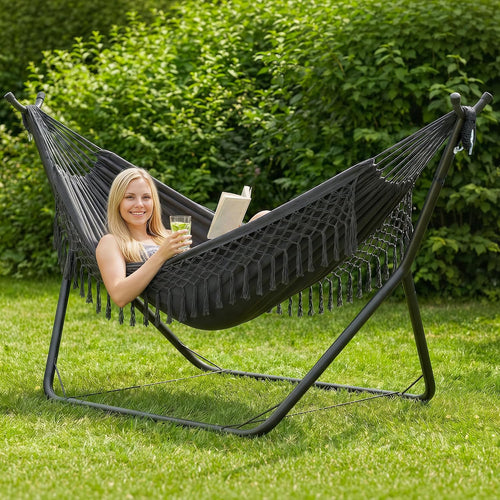 ANOW Double Space Saving Hammock with Stand, Dark Gray with Tassels