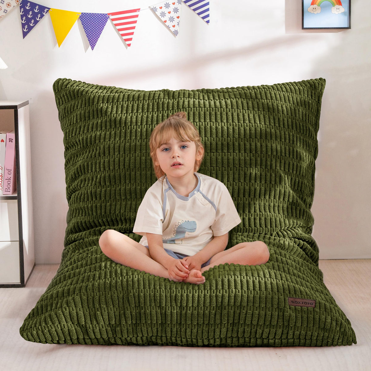 MAXYOYO Kids Bean Bag Chair, 3 in 1 Convertible Bean Bag Sofa with Removable Cover for Children, Soft Floor Lounger with Supportive Shredded Foam Filling, Floor Cushion Chair for Living Room, Playroom