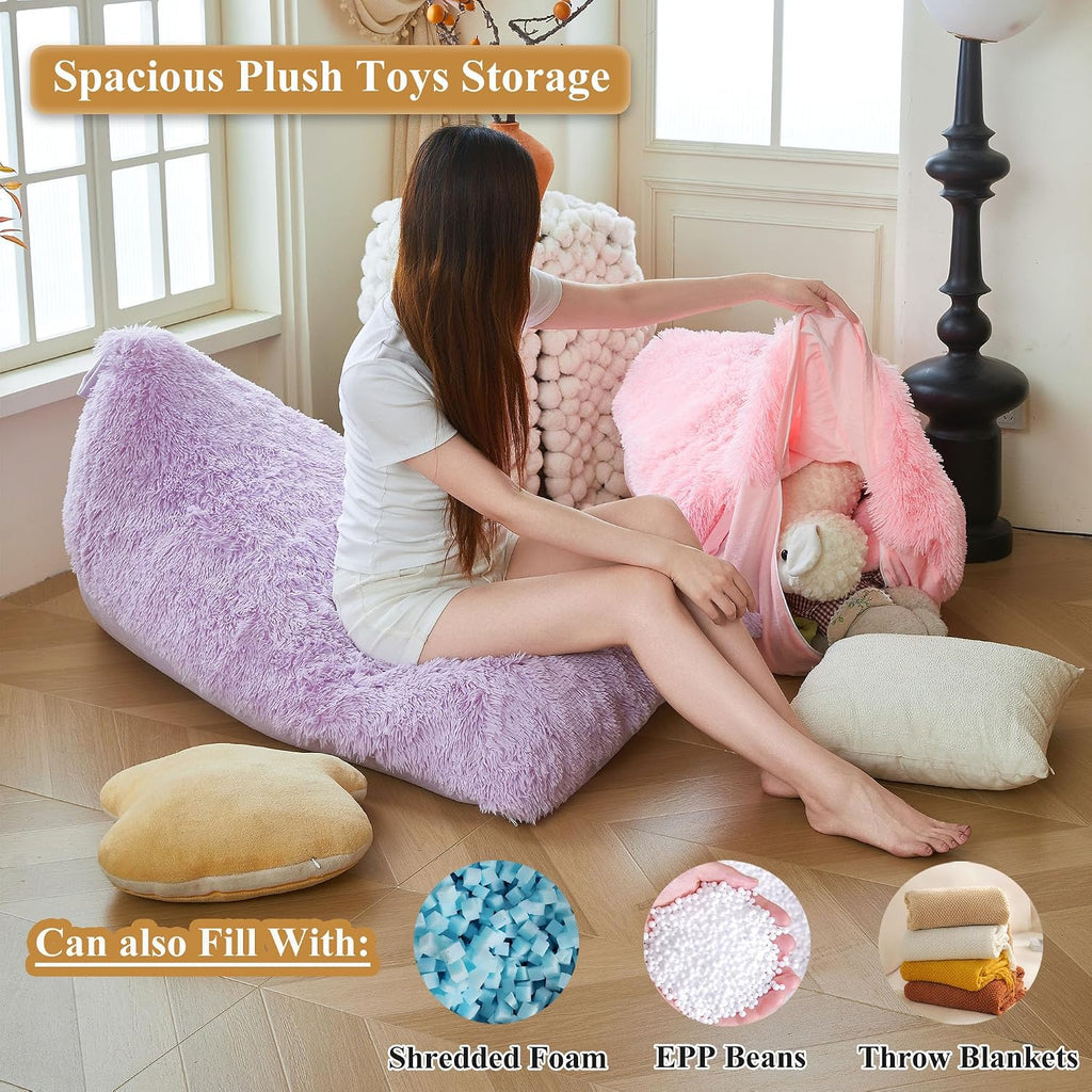 XeGe Fluffy Kids Stuffed Animal Storage Bean Bag Cover (No Filler), Plush Fuzzy Faux Fur Beanbag Organizer with Handle for Teens Girls Adults, Shaggy Furry Plush Toys Holder Floor Lounger Chair, Beige