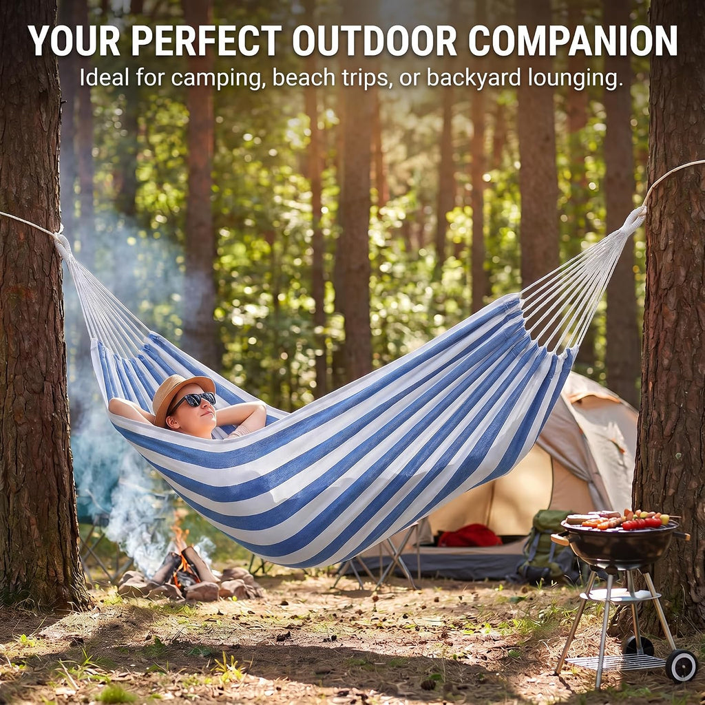 Canvas Hammock 122" Long X 59" Wide 2 Person Hammock 440 pounds Maximum Weight Applicable Scenes in Courtyard Autumn, Indoor Hanging Chairs, Beach Leisure (Blue White, Full)