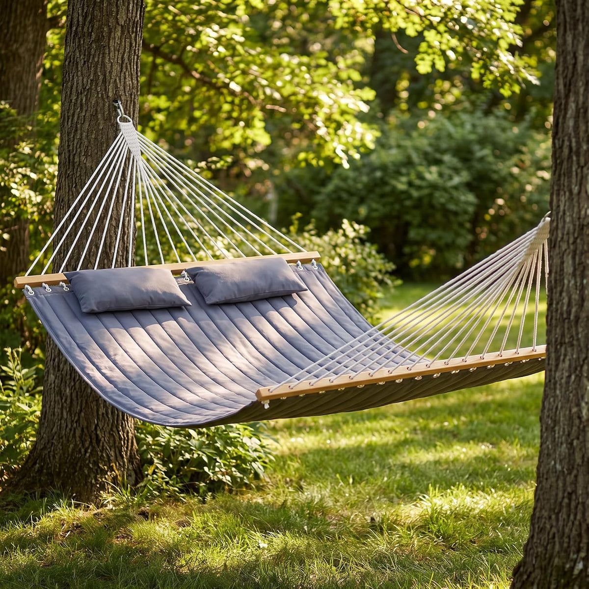 2 Person Double Quilted Hammock, Spreader Bars, 2 Pillows, Gray