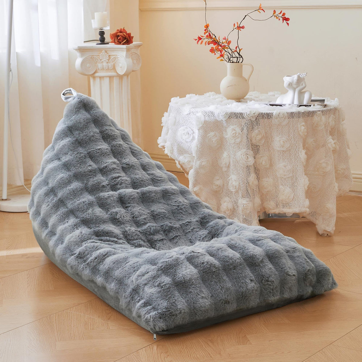 LIFEREVO Faux Rabbit Fur Stuffed Animal Bean Bag Storage (No Filler), Soft Waffle Bubble Beanbag Chair Cover for Kids Girls, Furry Floor Lounger Plush Toys Organizer for Living Room Bedroom, Beige