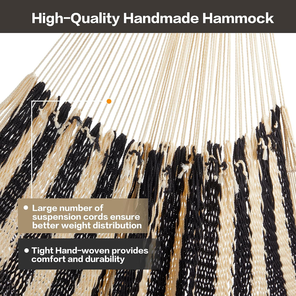 CHULIM Handwoven Mayan Hammock with 10ft Tree Straps, 550lbs Capacity Soft Rope Double Hammock, Portable Outdoor Hammock with Carry Bag for Camping Backyard Beach - Black White Stripe