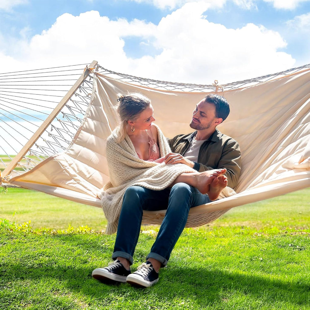 SUNCREAT 2 Person Hammock with Hardwood Spreader Bar, Outdoor Rope Hammock with Polyester Pad, 475 lbs Capacity, Beige