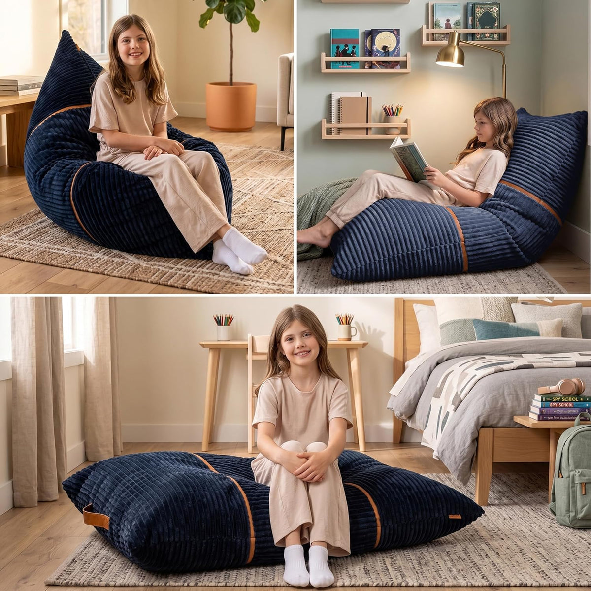 Big Joe Turnabout 3-in-1 Convertible Kids Bean Bag Chair, Midnight Blue