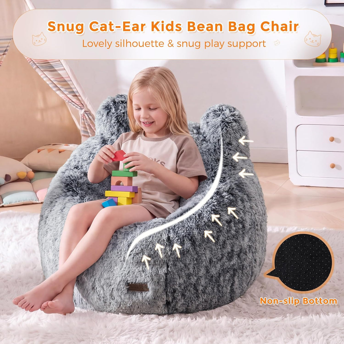 MAXYOYO Kids Bean Bag Chair, Cute Design Kids Floor Lounge Sofa, Black
