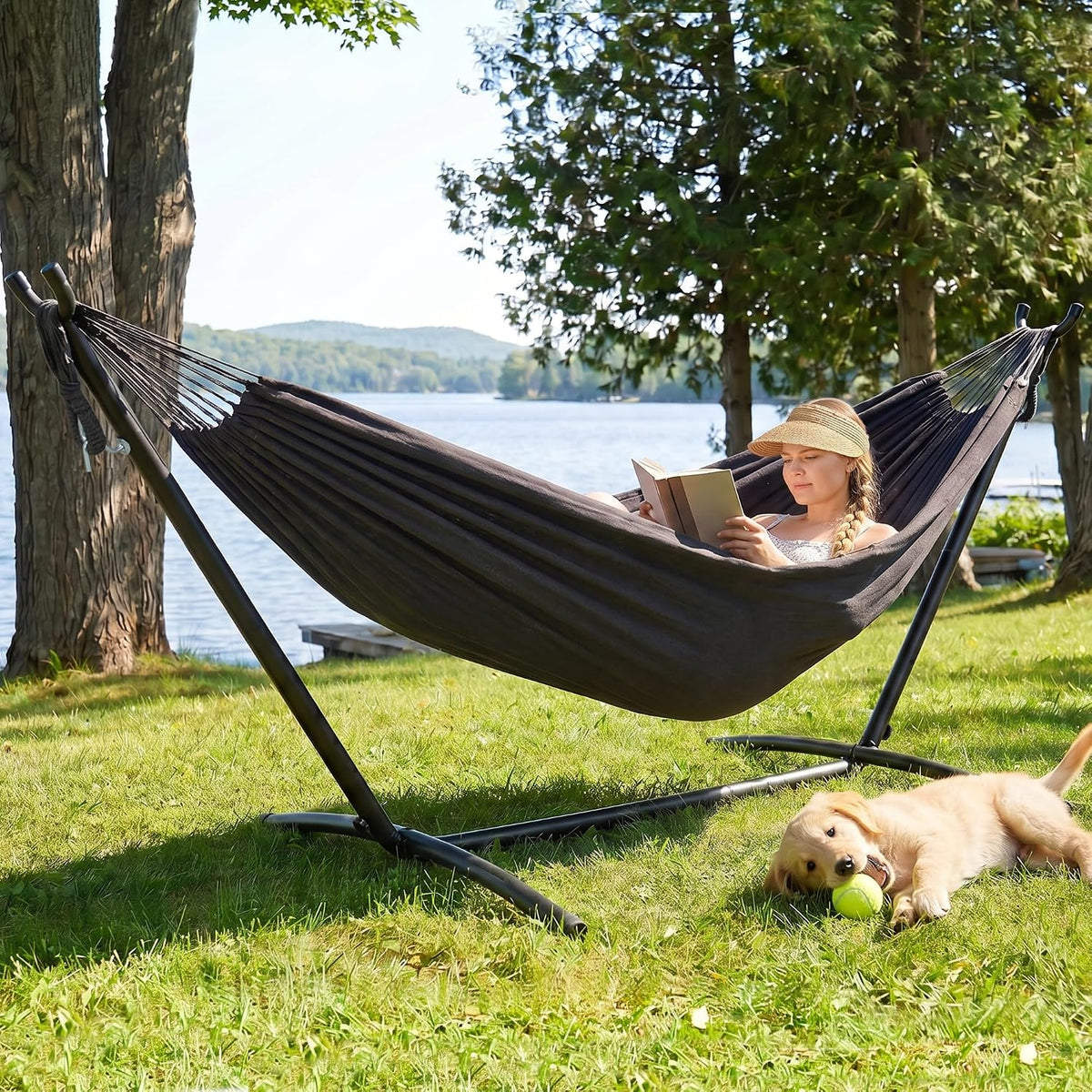 SUNCREAT Stand Alone Hammock with Stand for Outside 2 Person, Dark Gray