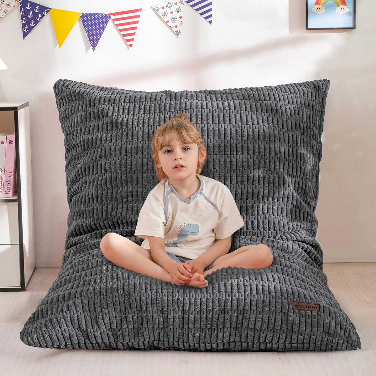 MAXYOYO Kids Bean Bag Chair, 3 in 1 Convertible Bean Bag Sofa with Removable Cover for Children, Soft Floor Lounger with Supportive Shredded Foam Filling, Floor Cushion Chair for Living Room, Playroom