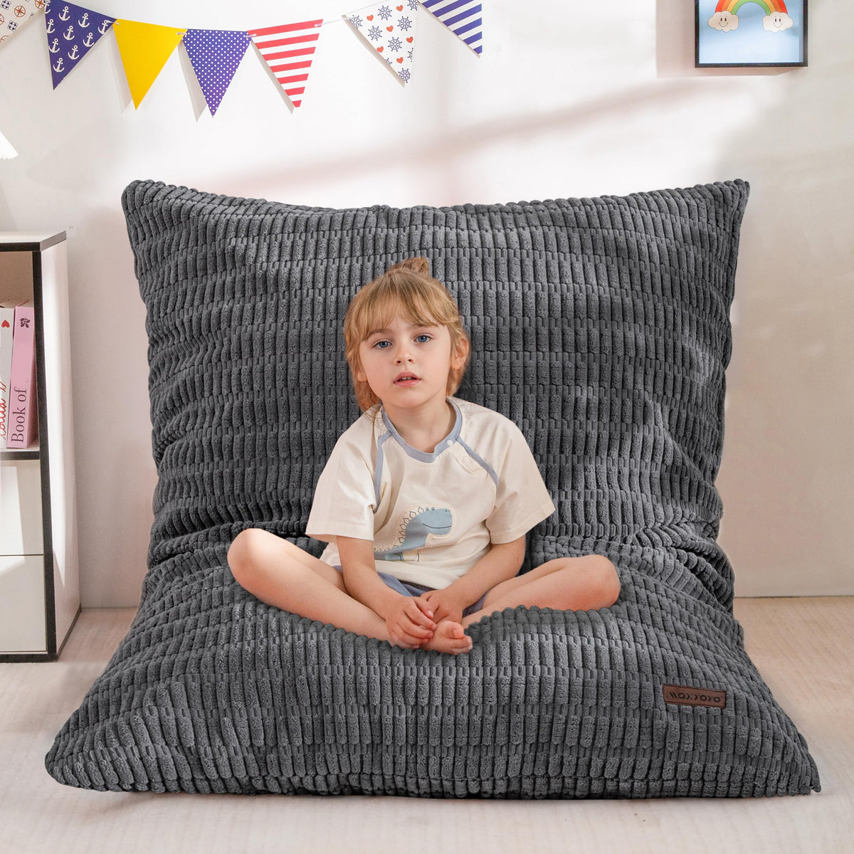 MAXYOYO Kids Bean Bag Chair, 3 in 1 Convertible Bean Bag Sofa with Removable Cover for Children, Soft Floor Lounger with Supportive Shredded Foam Filling, Floor Cushion Chair for Living Room, Playroom