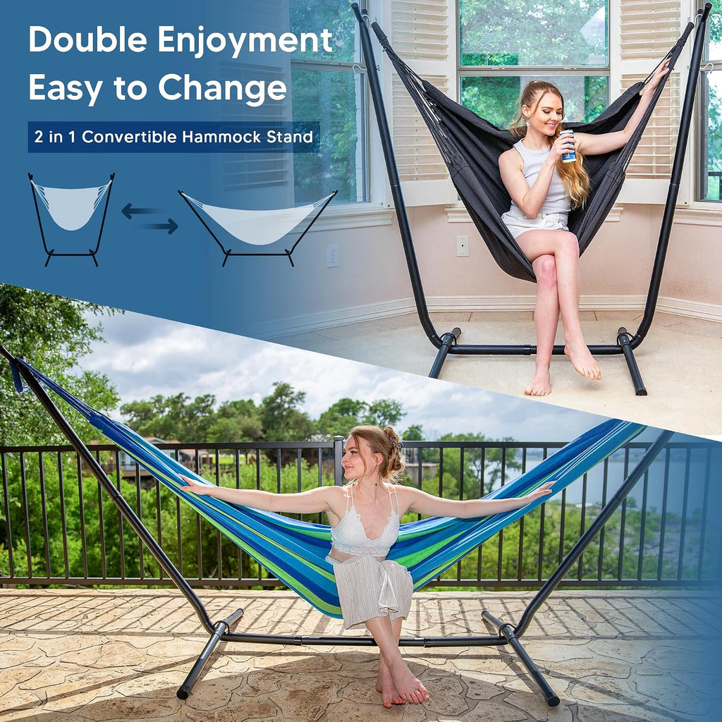 SUNCREAT 2-in-1 Hammocks Hammock Chair with Stand, Patented, Blue Stripe