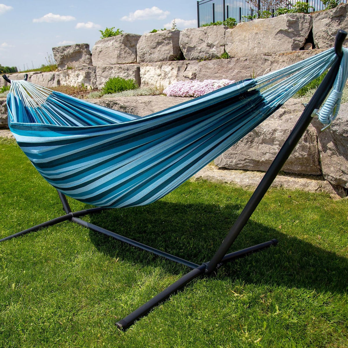 Vivere Double Cotton Hammock, Space Saving Steel Stand, Blue Lagoon, 9 Ft