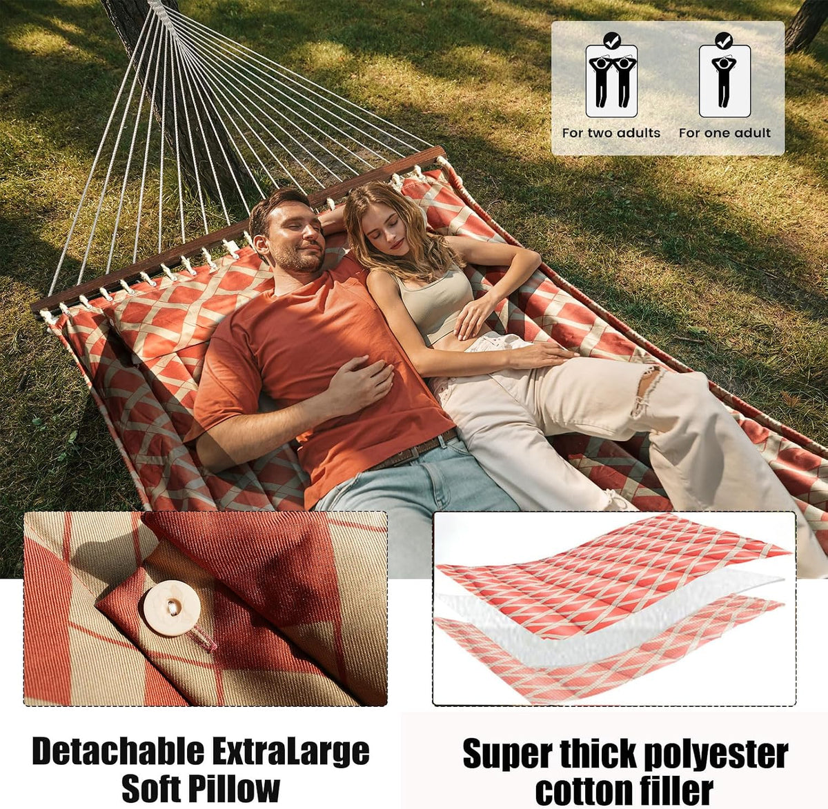 Quilted Double Hammock, Non-Fading Fabric, 600‑LBS Capacity