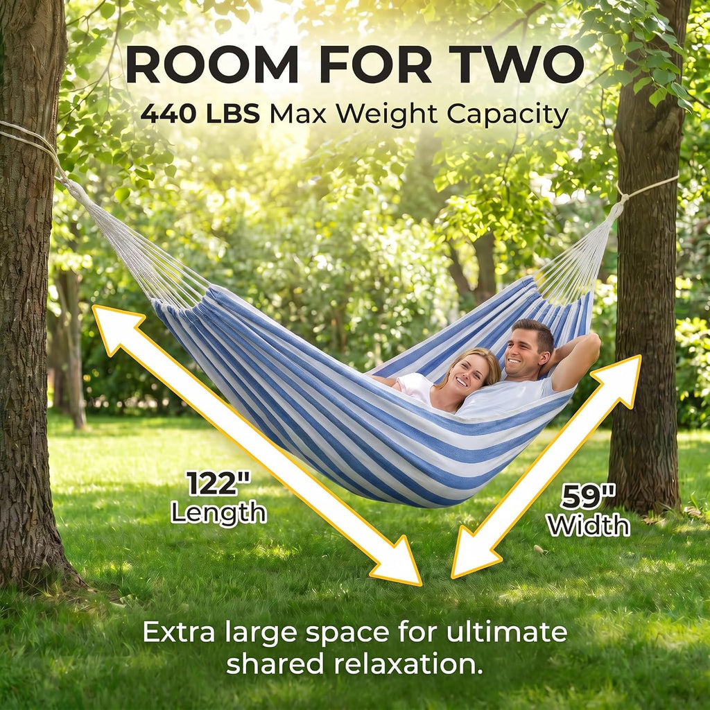 Canvas Hammock 122" Long X 59" Wide 2 Person Hammock 440 pounds Maximum Weight Applicable Scenes in Courtyard Autumn, Indoor Hanging Chairs, Beach Leisure (Blue White, Full)