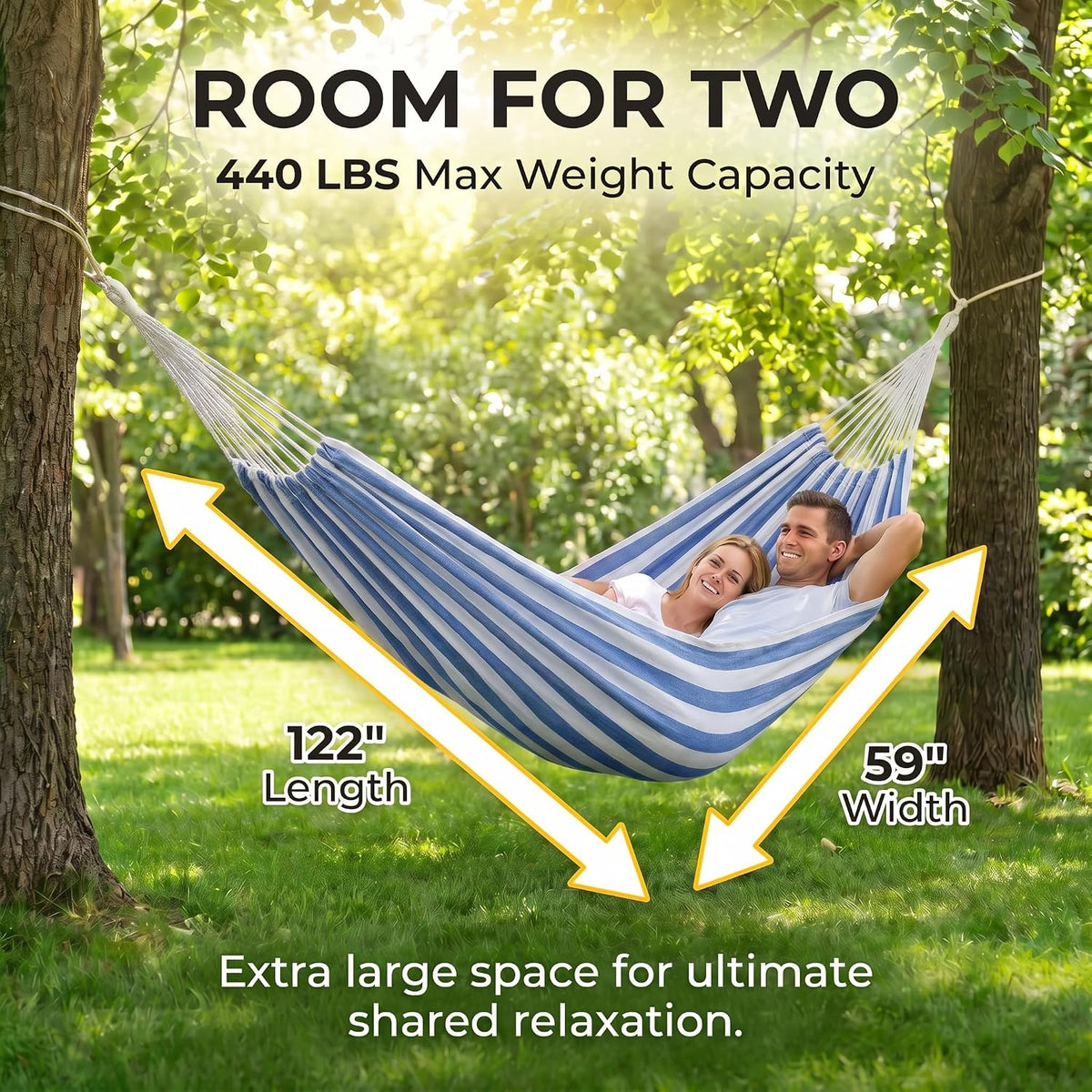 Canvas Hammock 122" Long X 59" Wide 2 Person Hammock 440 pounds Maximum Weight Applicable Scenes in Courtyard Autumn, Indoor Hanging Chairs, Beach Leisure (Blue White, Full)