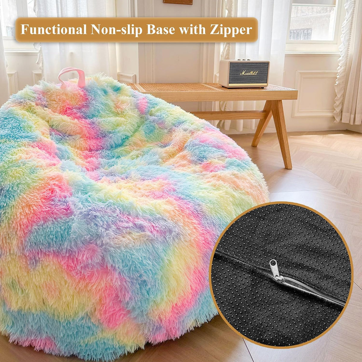 XeGe Kids Fluffy Faux Fur Bean Bag Chair Cover(No Filler), Rainbow