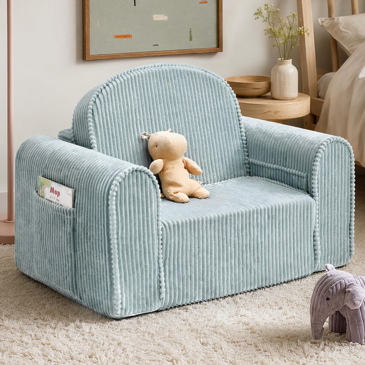 Tiny Land 2-in-1 Foldable Kids Couch, Thick Foam Corduroy Sofa with Pocket