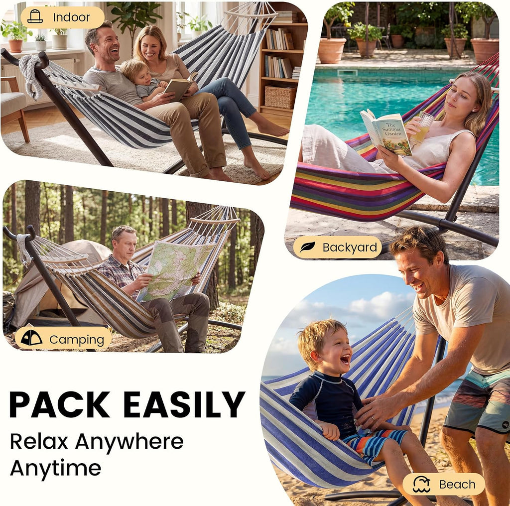 Everyfun Double Hammock with Stand for 2 Person, 600 lb Capacity, Rainbow