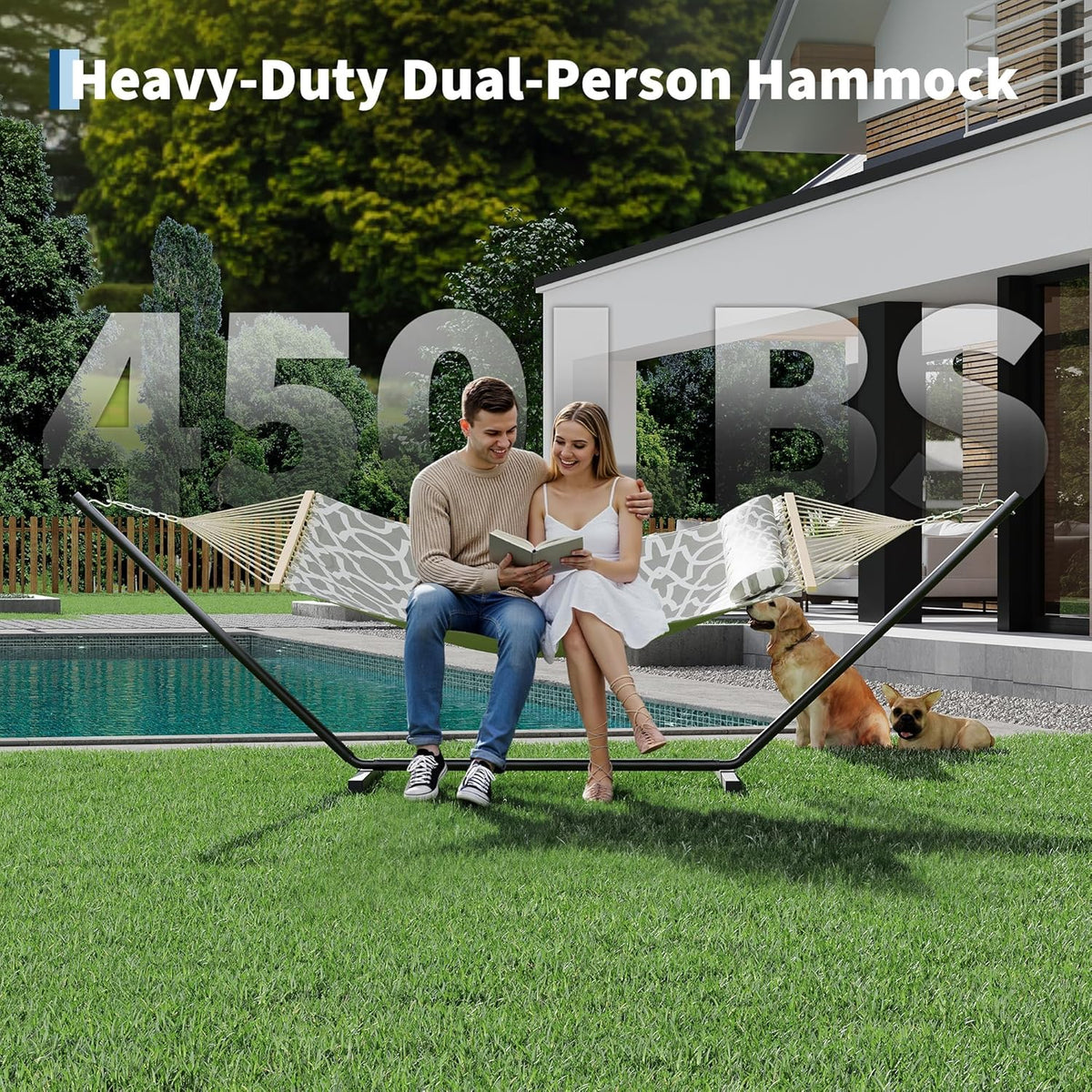 Heavy Duty Double Hammock with Stand, 450 LBS Capacity, Portable Frame