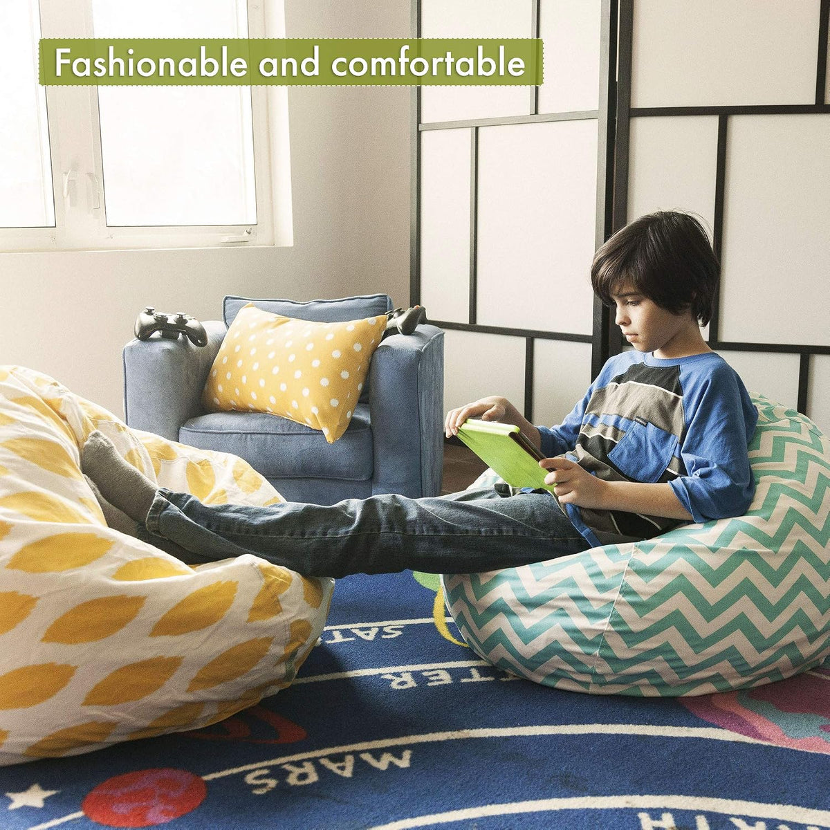 Majestic Home Goods Classic Bean Bag Chair - Large Polka Dots Giant Classic Bean Bags for Small Adults and Kids (28 x 28 x 22 Inches) (Black)