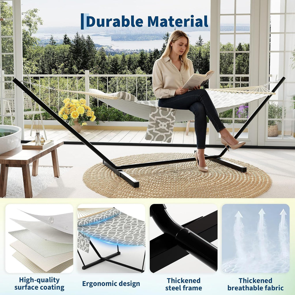 Heavy Duty Double Hammock with Stand, 450 LBS Capacity, Portable Frame