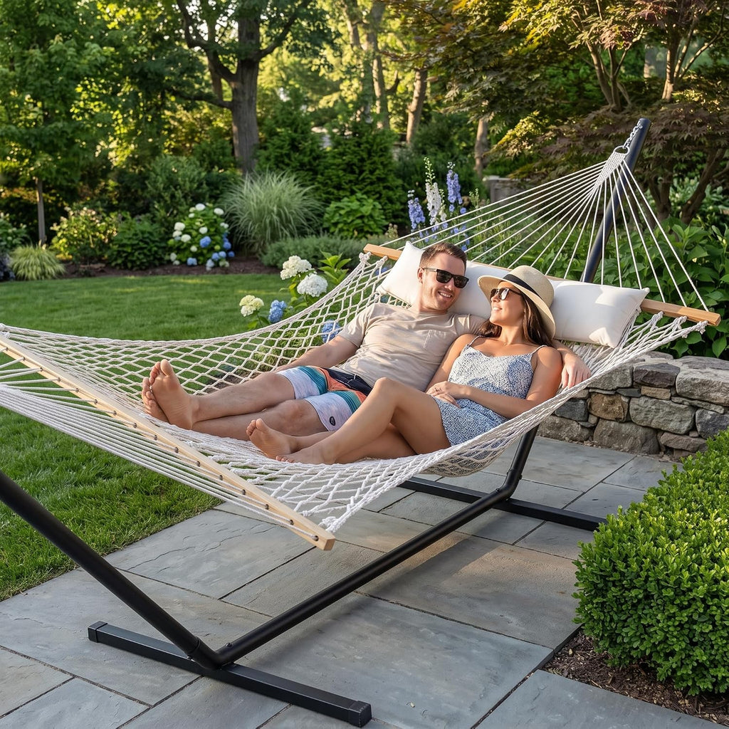 GAFETE 2 Person Rope Hammock with Stand for Outside, 12 Ft, 475 lb Capacity