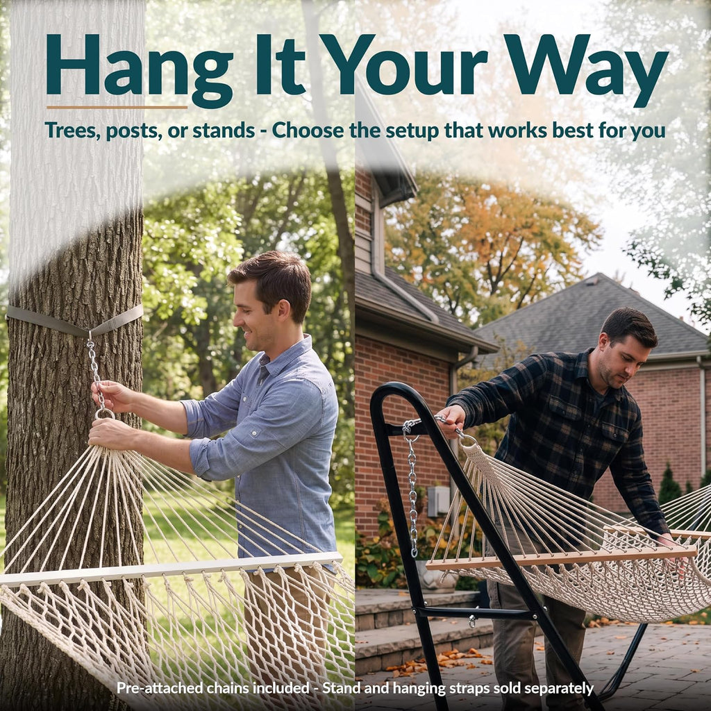 Sunnydaze Double Cotton Rope Hammock for Outside with Spreader Bar, Natural