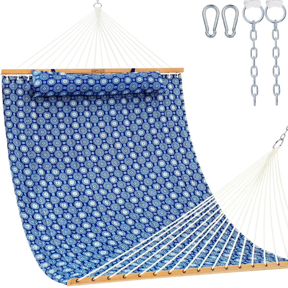 Lazy Daze 12FT Double Quilted Hammock for Outside with Pillow, Floral Auqa