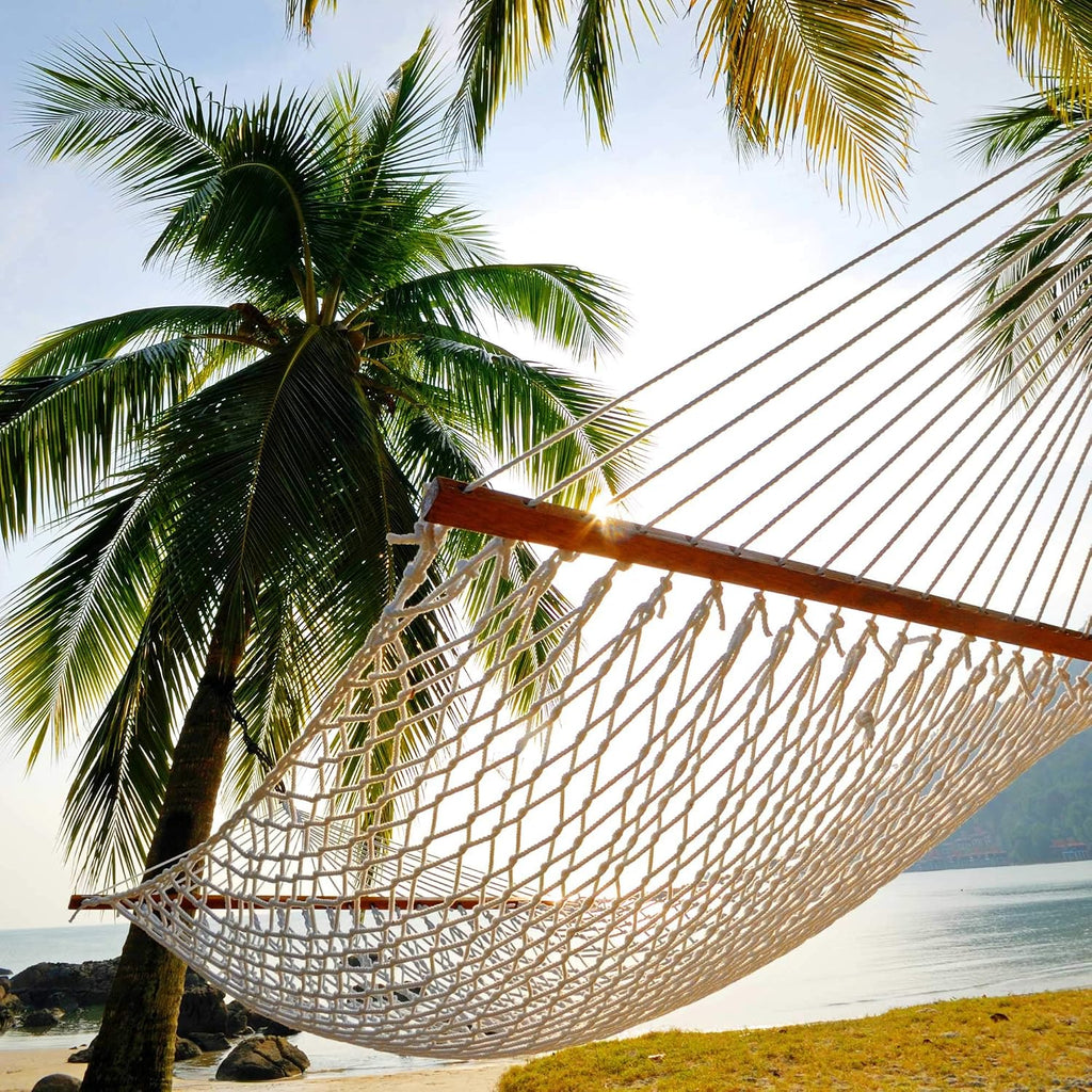 Castaway Living 13 ft. Double Traditional Hand Woven Cotton Rope Hammock – 2-Person, 450 lb Capacity, Free Extension Chains & Tree Hooks, Designed in the USA