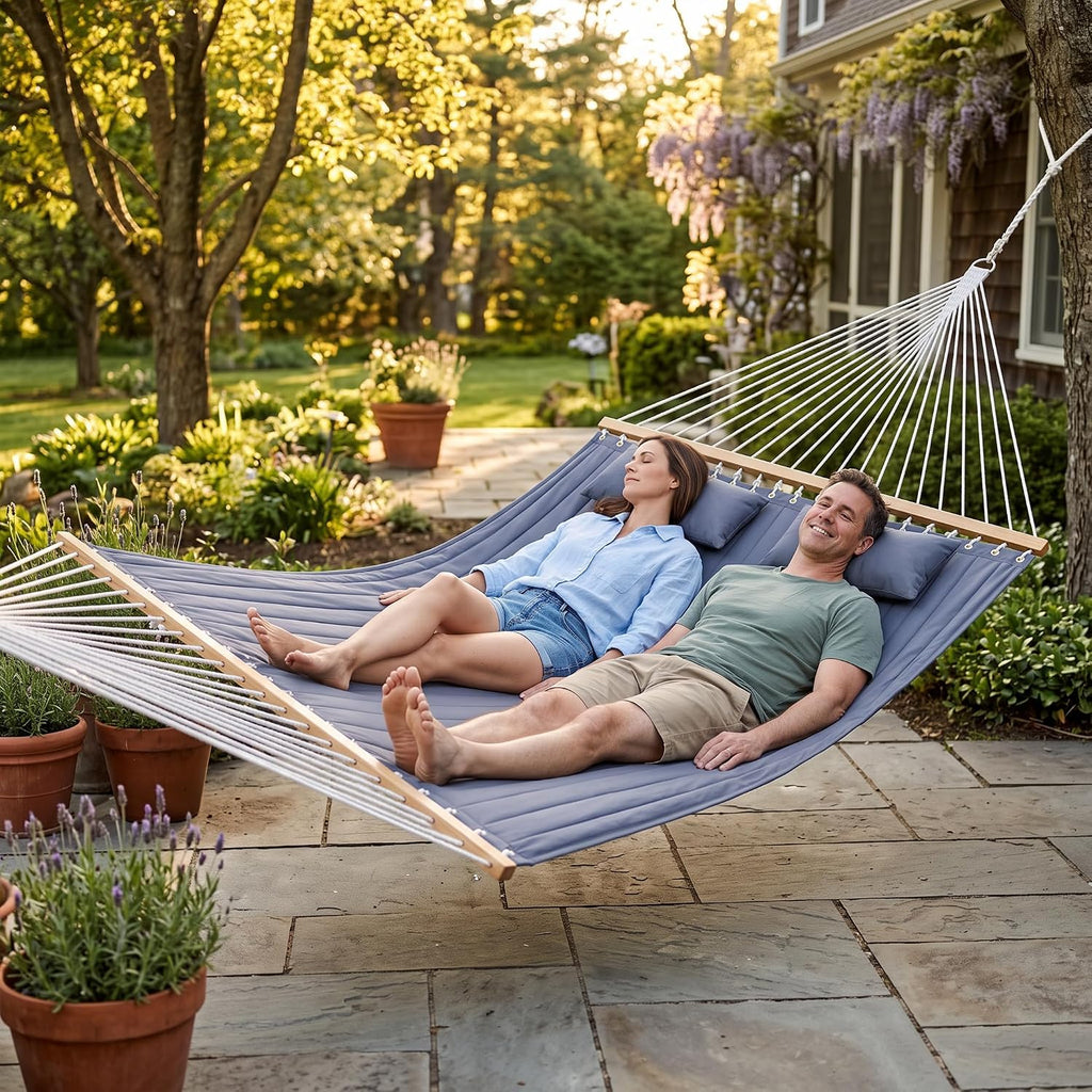 2 Person Double Quilted Hammock, Spreader Bars, 2 Pillows, Gray